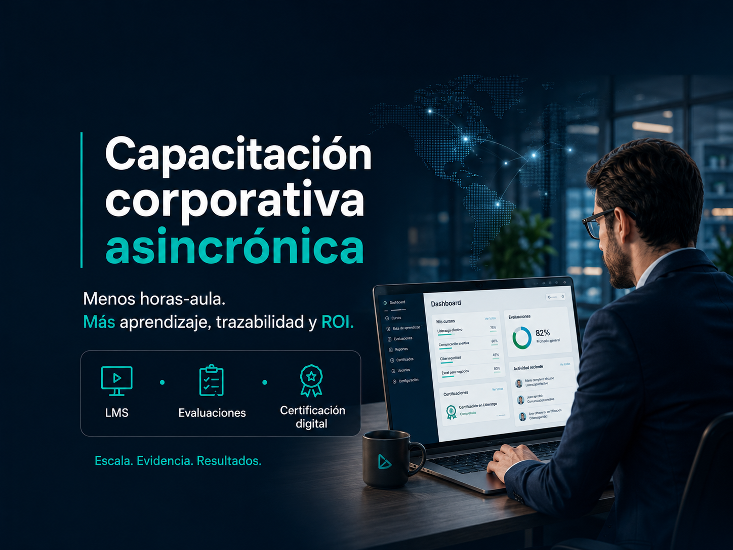 Capacitación corporativa asincrónica y presencial en Chile, con profesionales evaluando cursos B2B, e-learning, ROI y franquicia SENCE.