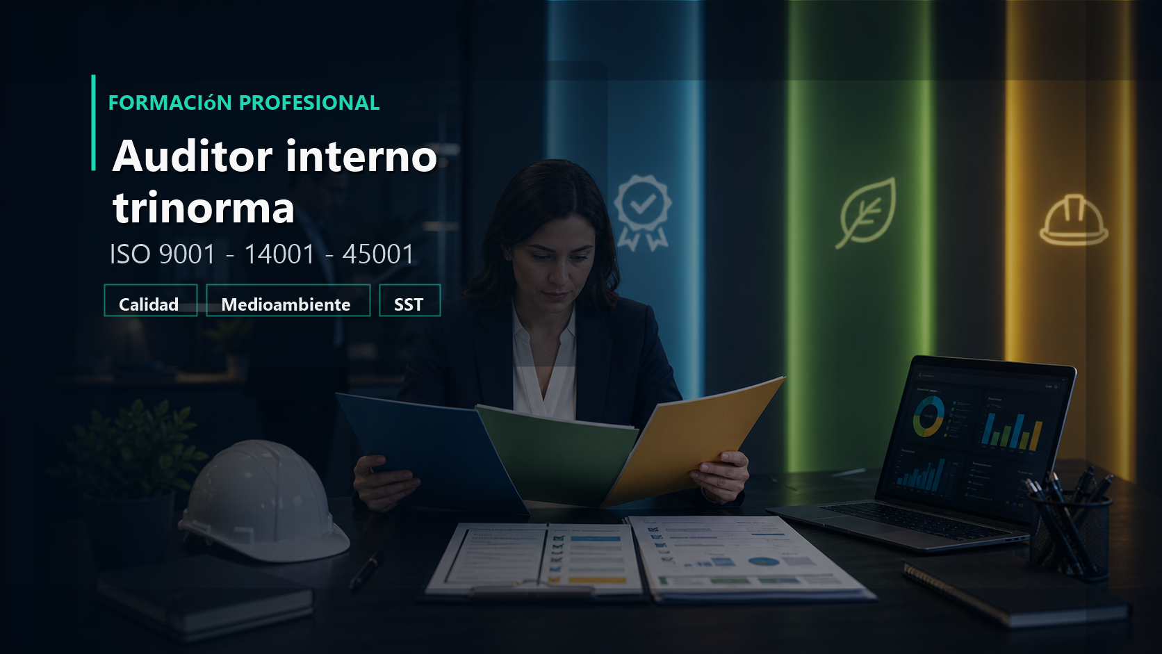 Auditor interno trinorma revisando ISO 9001, ISO 14001 e ISO 45001.