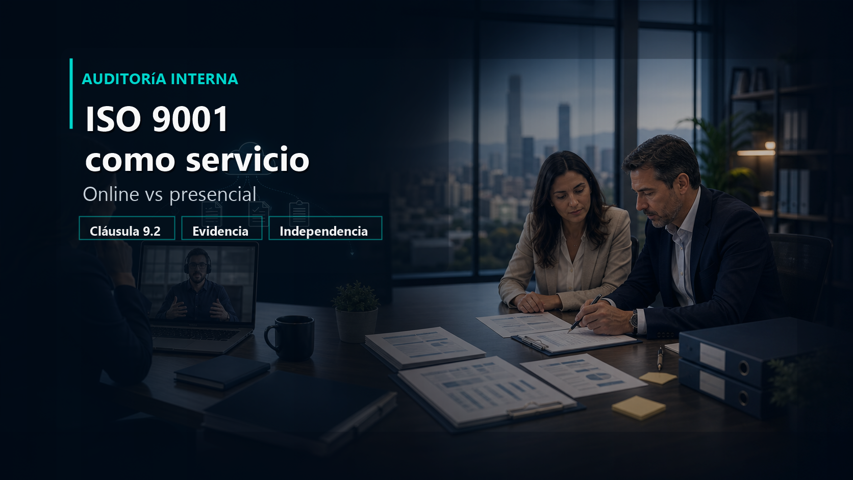 Auditoría interna ISO 9001 online y presencial con consultores revisando evidencias.