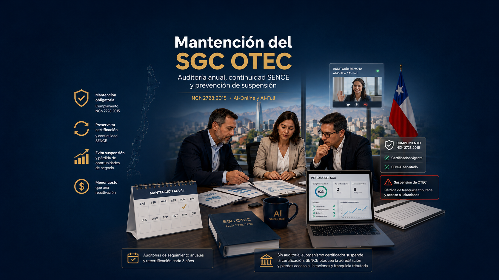 Mantención del SGC OTEC bajo NCh 2728:2015 con auditoría anual, continuidad SENCE y prevención de suspensión