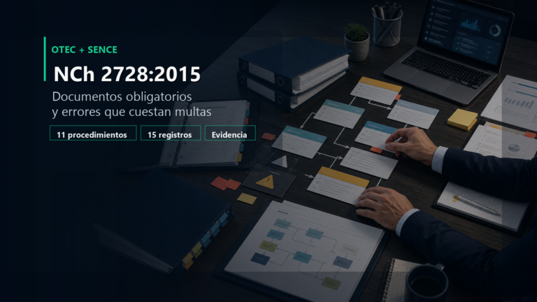 Documentos obligatorios NCh 2728 para OTEC organizados en una mesa de cumplimiento
