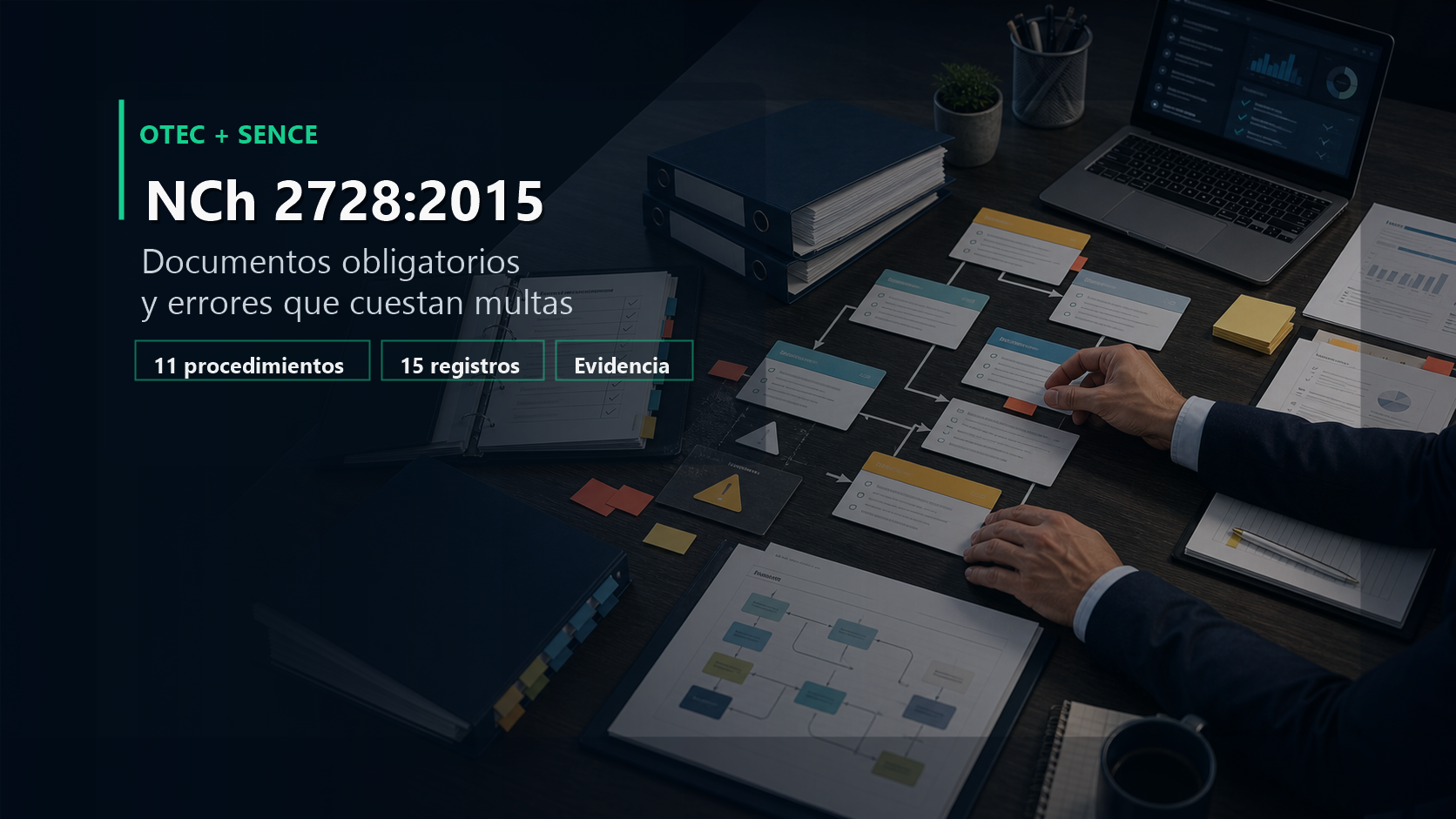 Documentos obligatorios NCh 2728 para OTEC organizados en una mesa de cumplimiento