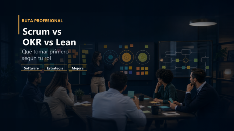 Equipo profesional comparando Scrum, OKR y Lean en una sesión de formación.